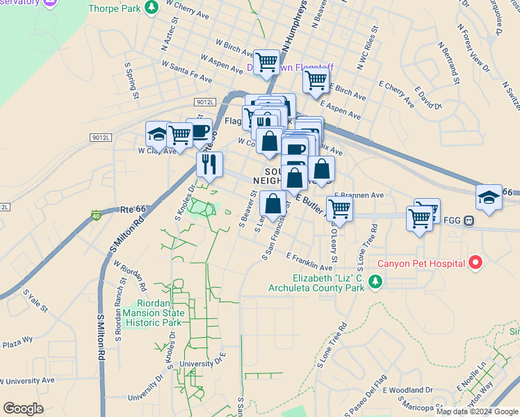 map of restaurants, bars, coffee shops, grocery stores, and more near 324 South Leroux Street in Flagstaff
