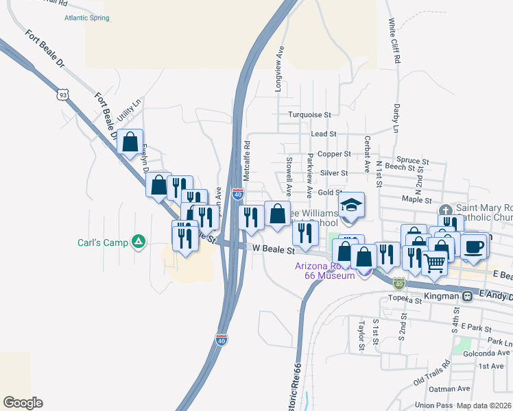 map of restaurants, bars, coffee shops, grocery stores, and more near 725 West Spring Street in Kingman