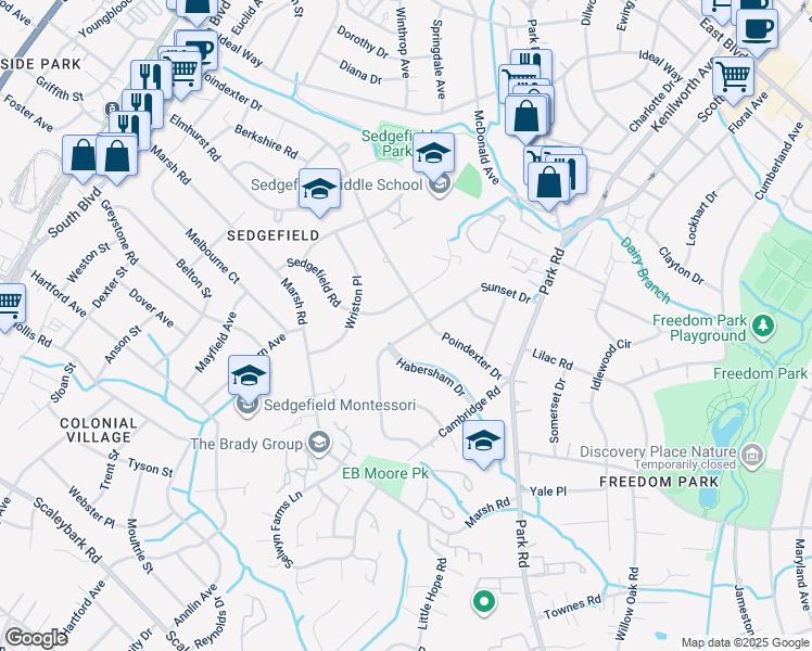 map of restaurants, bars, coffee shops, grocery stores, and more near 3014 Sunset Drive in Charlotte