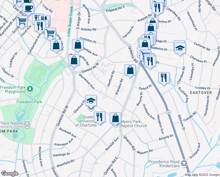 map of restaurants, bars, coffee shops, grocery stores, and more near 1659 Hertford Road in Charlotte