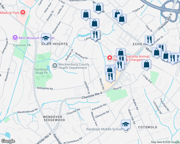 map of restaurants, bars, coffee shops, grocery stores, and more near 3609 Jonquil Street in Charlotte