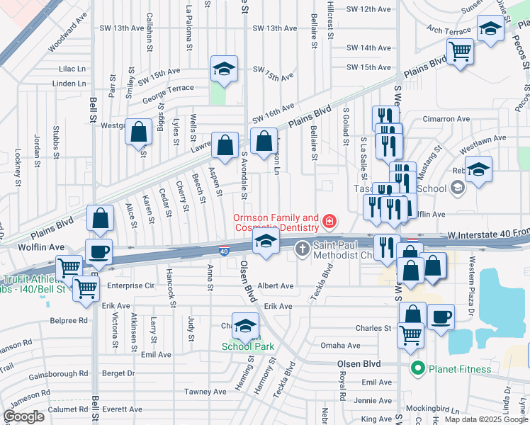map of restaurants, bars, coffee shops, grocery stores, and more near 1821 Plateau Ln in Amarillo