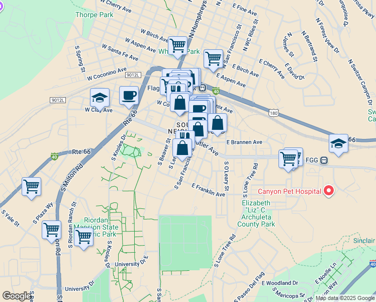 map of restaurants, bars, coffee shops, grocery stores, and more near 319 South San Francisco Street in Flagstaff
