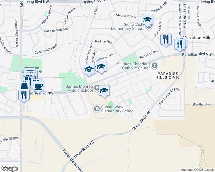 map of restaurants, bars, coffee shops, grocery stores, and more near 9709 Samia Street Southwest in Albuquerque
