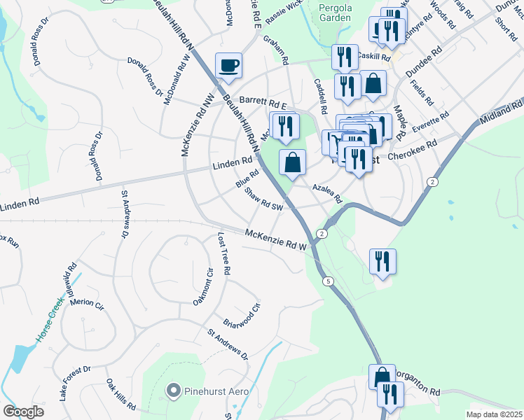 map of restaurants, bars, coffee shops, grocery stores, and more near 40 Ferguson Road in Pinehurst
