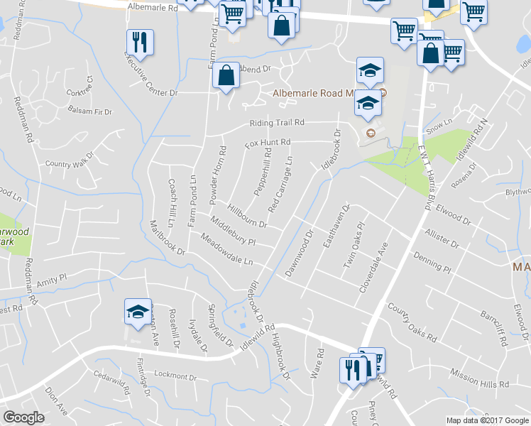 map of restaurants, bars, coffee shops, grocery stores, and more near 6034 Red Carriage Lane in Charlotte
