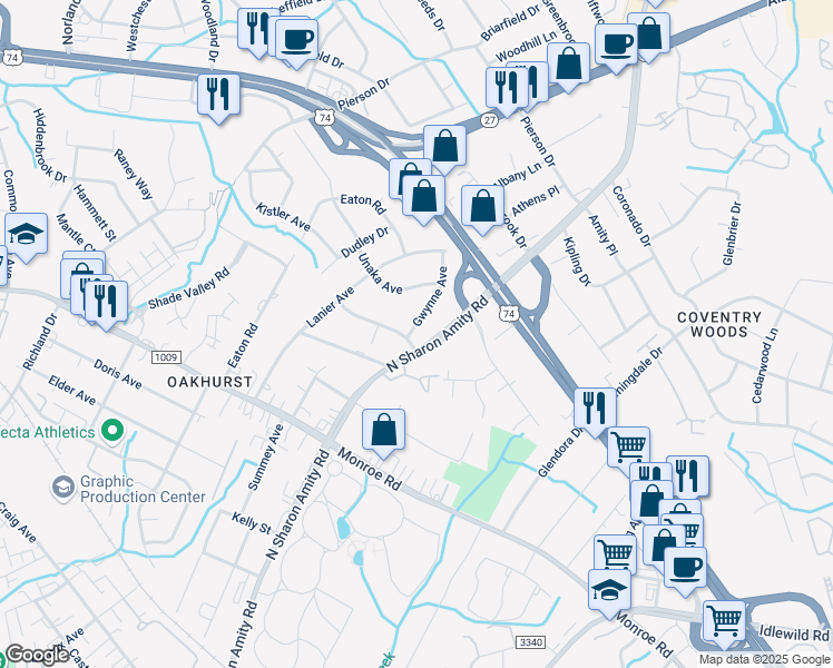 map of restaurants, bars, coffee shops, grocery stores, and more near 5457 Gwynne Avenue in Charlotte