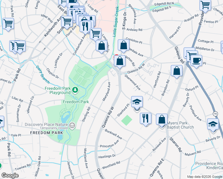 map of restaurants, bars, coffee shops, grocery stores, and more near 1429 Maryland Avenue in Charlotte