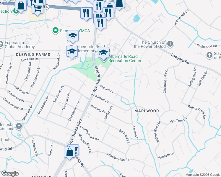 map of restaurants, bars, coffee shops, grocery stores, and more near 7341 Elwood Drive in Charlotte