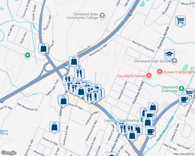 map of restaurants, bars, coffee shops, grocery stores, and more near 3054 Vista Dr NW in Cleveland