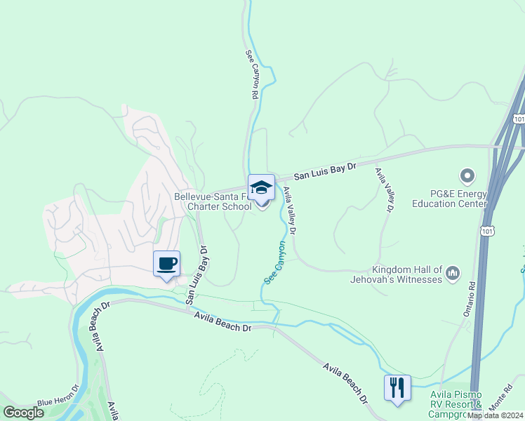 map of restaurants, bars, coffee shops, grocery stores, and more near 1401 San Luis Bay Drive in San Luis Obispo