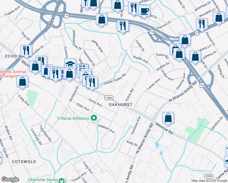 map of restaurants, bars, coffee shops, grocery stores, and more near 2132 Shade Valley Road in Charlotte