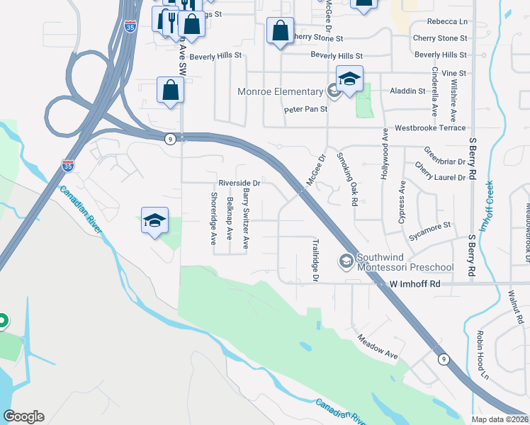 map of restaurants, bars, coffee shops, grocery stores, and more near 2611 Lynnwood Circle in Norman