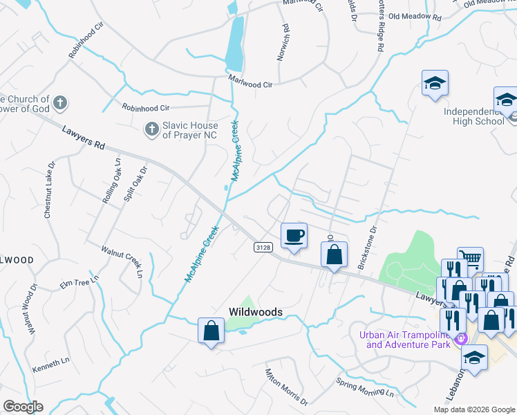 map of restaurants, bars, coffee shops, grocery stores, and more near 5502 Bent Creek Circle in Charlotte
