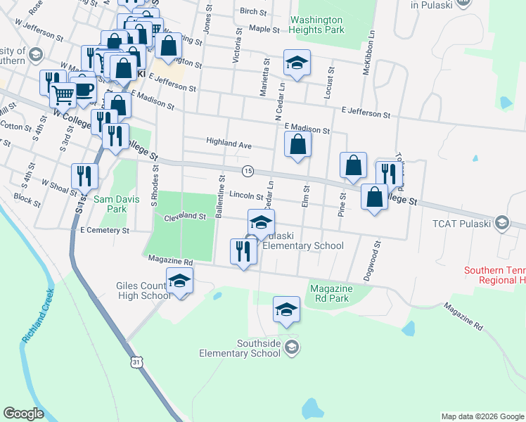 map of restaurants, bars, coffee shops, grocery stores, and more near 410 South Cedar Lane in Pulaski