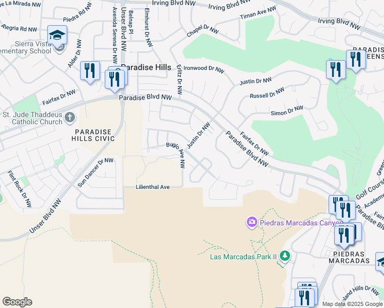 map of restaurants, bars, coffee shops, grocery stores, and more near 5350 Justin Drive Northwest in Albuquerque