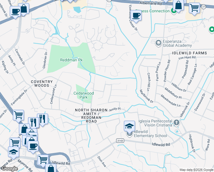 map of restaurants, bars, coffee shops, grocery stores, and more near 6500 Piney Path Road in Charlotte