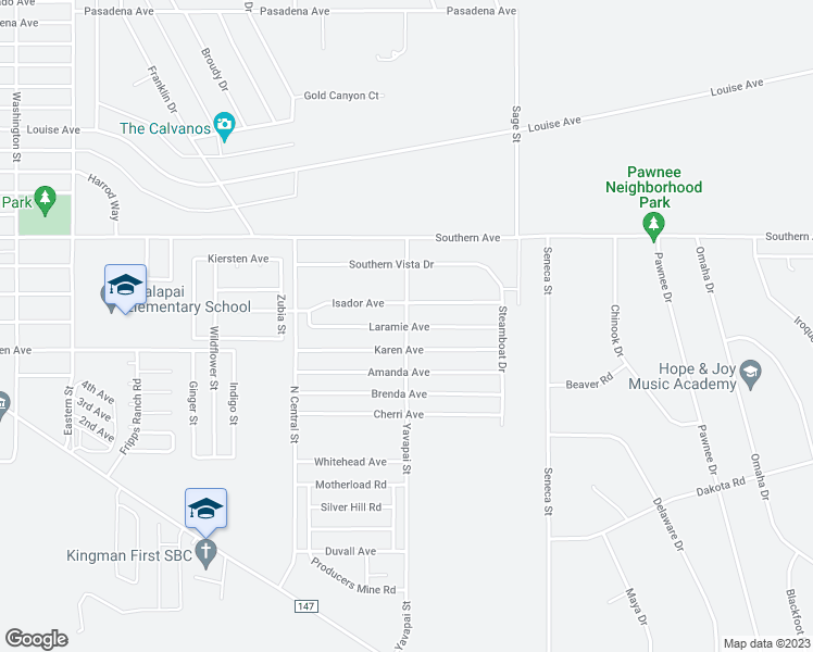 map of restaurants, bars, coffee shops, grocery stores, and more near Laramie Avenue in Kingman