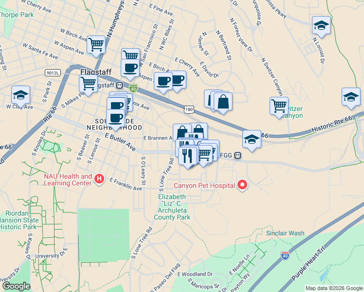 map of restaurants, bars, coffee shops, grocery stores, and more near 211 South Gabel Street in Flagstaff