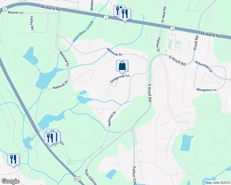 map of restaurants, bars, coffee shops, grocery stores, and more near 70 Dungarvan Lane in Pinehurst