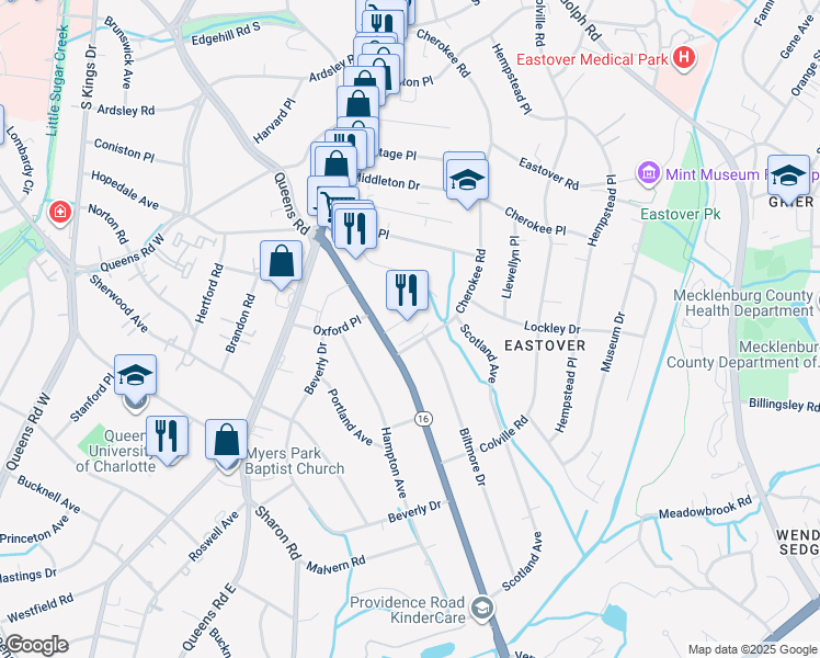 map of restaurants, bars, coffee shops, grocery stores, and more near 804 Cherokee Road in Charlotte