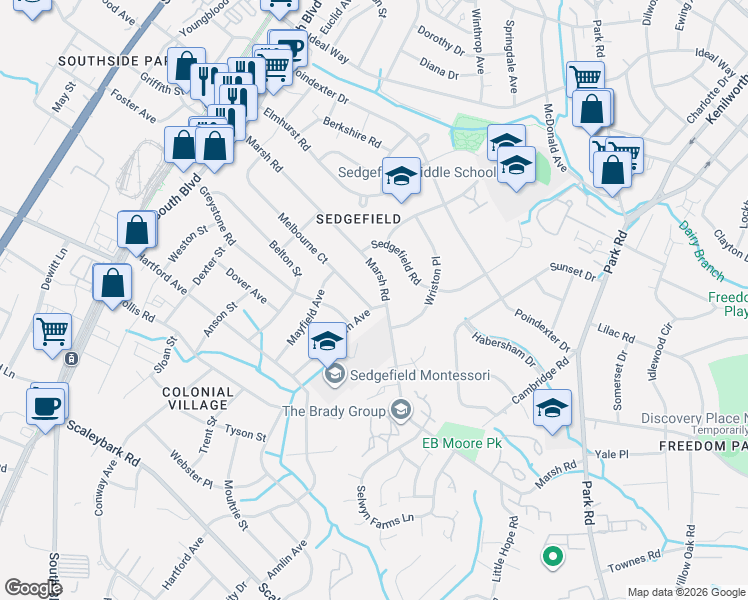 map of restaurants, bars, coffee shops, grocery stores, and more near 657 Melbourne Court in Charlotte