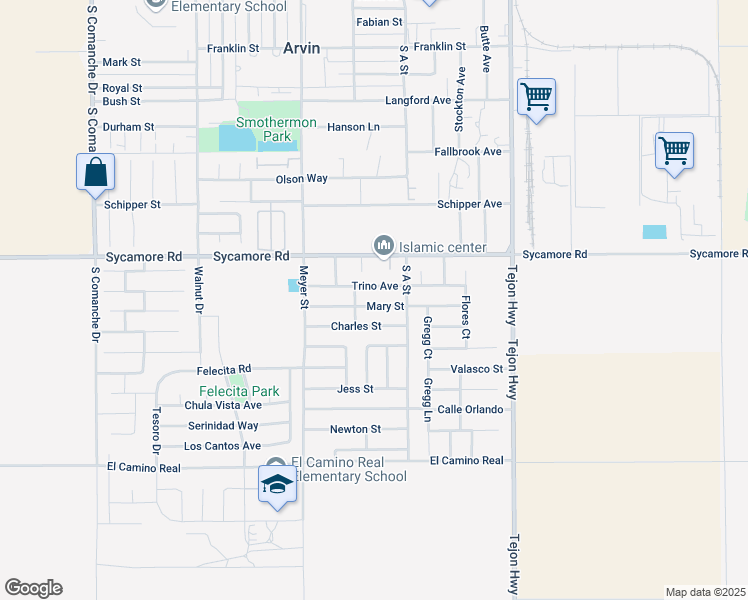 map of restaurants, bars, coffee shops, grocery stores, and more near 604 Mary St in Arvin