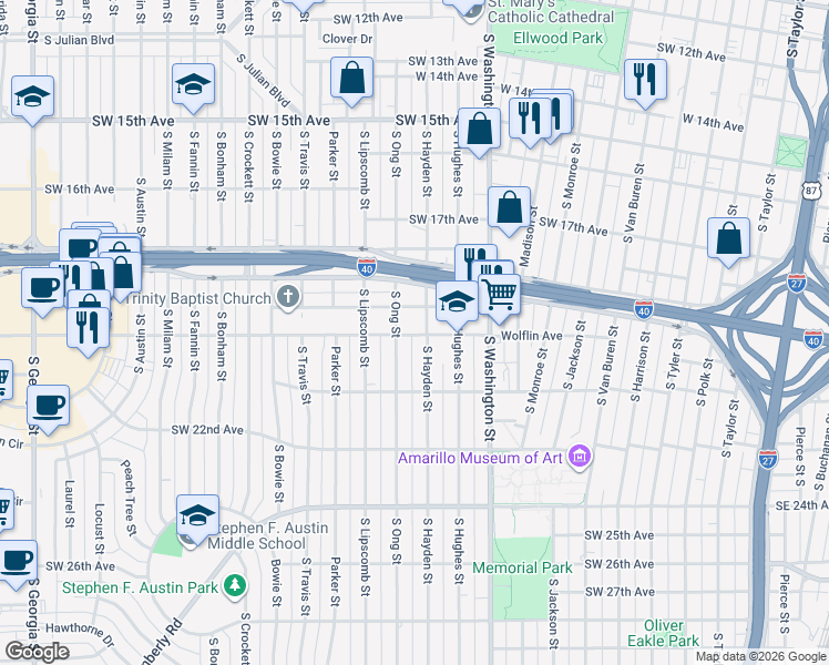 map of restaurants, bars, coffee shops, grocery stores, and more near 1204 Wolflin Avenue in Amarillo