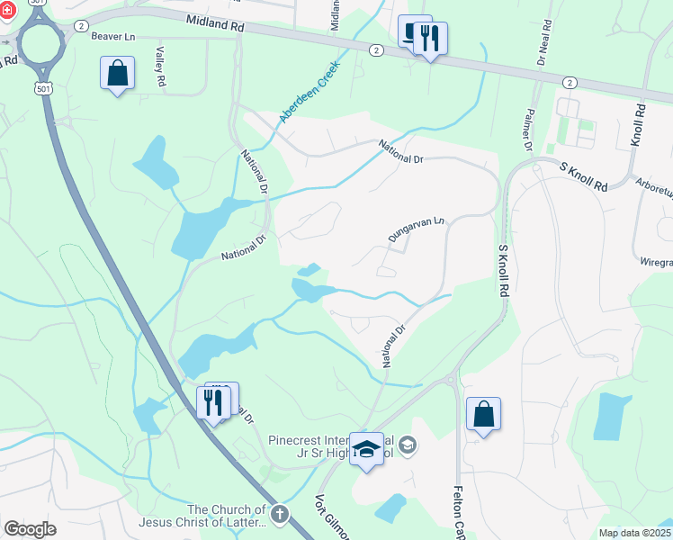 map of restaurants, bars, coffee shops, grocery stores, and more near 48 Greencastle Drive in Pinehurst