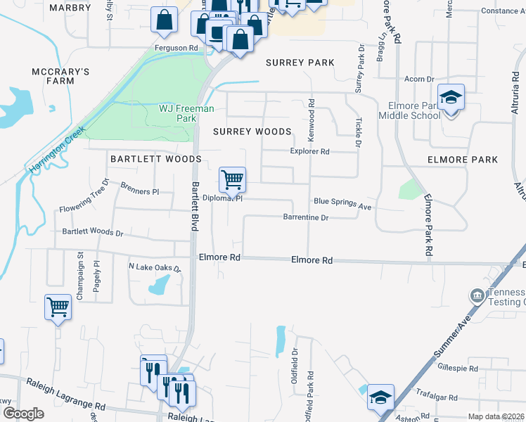 map of restaurants, bars, coffee shops, grocery stores, and more near 5952 Barrentine Drive in Bartlett