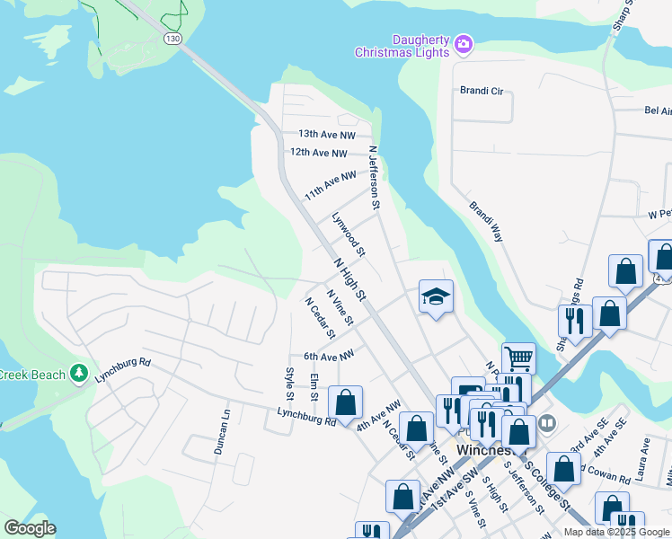 map of restaurants, bars, coffee shops, grocery stores, and more near 801 North High Street in Winchester