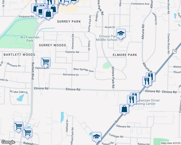 map of restaurants, bars, coffee shops, grocery stores, and more near 6127 Barrentine Dr in Bartlett