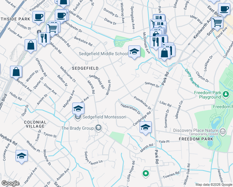 map of restaurants, bars, coffee shops, grocery stores, and more near 945 Sedgefield Road in Charlotte