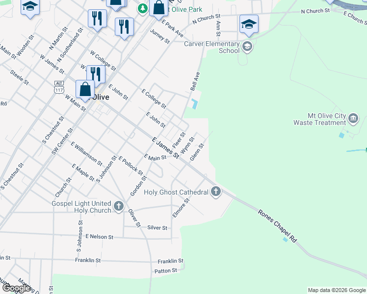 map of restaurants, bars, coffee shops, grocery stores, and more near 211 Wynn Street in Mount Olive