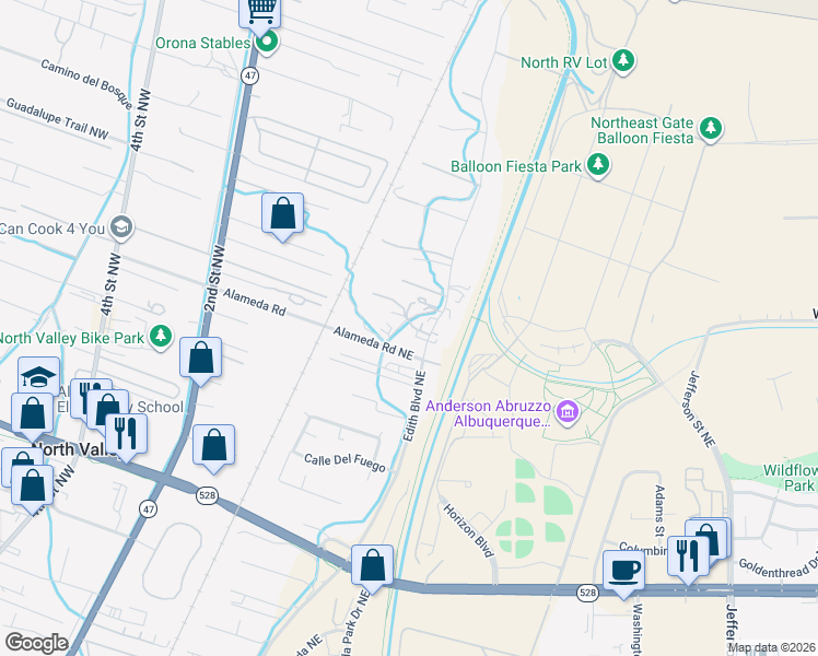 map of restaurants, bars, coffee shops, grocery stores, and more near 10021 Edith Boulevard Northeast in Albuquerque