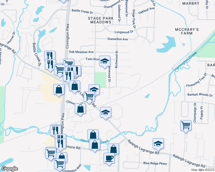 map of restaurants, bars, coffee shops, grocery stores, and more near 5222 Kimbark Woods Dr in Memphis