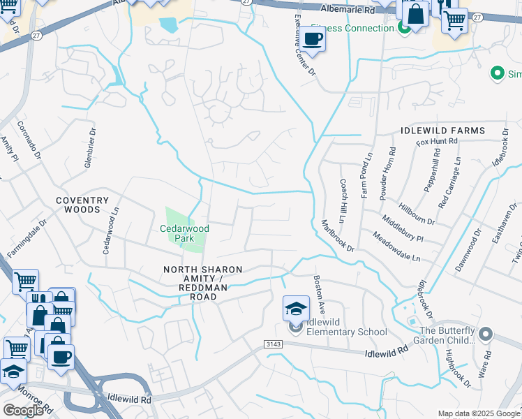 map of restaurants, bars, coffee shops, grocery stores, and more near 6014 Misty Way Ln in Charlotte