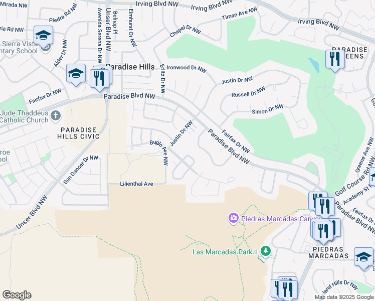 map of restaurants, bars, coffee shops, grocery stores, and more near 5331 Norte Vista Road Northwest in Albuquerque