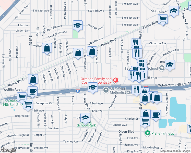 map of restaurants, bars, coffee shops, grocery stores, and more near 1821 Plateau Lane in Amarillo