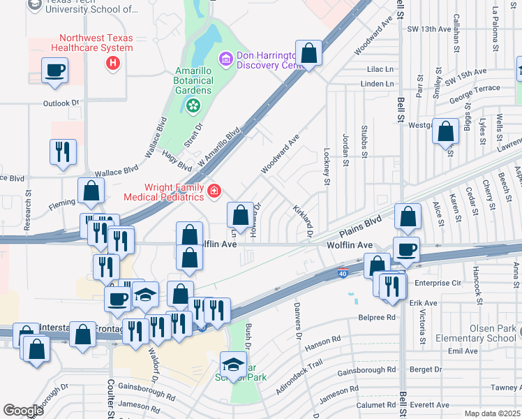map of restaurants, bars, coffee shops, grocery stores, and more near 1918 Howard Drive in Amarillo