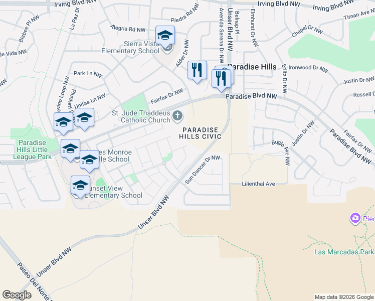 map of restaurants, bars, coffee shops, grocery stores, and more near 9540 Granite Ridge Drive Northwest in Albuquerque