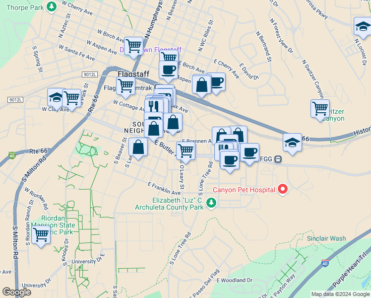 map of restaurants, bars, coffee shops, grocery stores, and more near 211 South Elden Street in Flagstaff