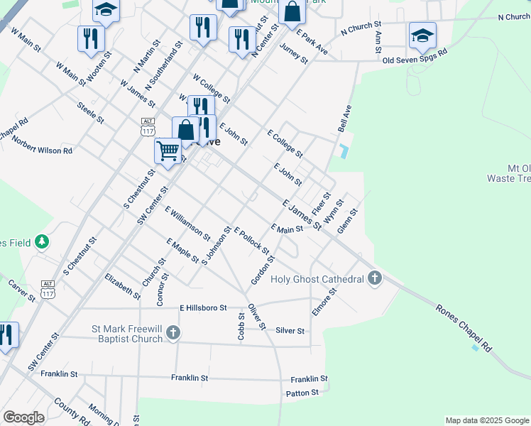 map of restaurants, bars, coffee shops, grocery stores, and more near 308 East Main Street in Mount Olive
