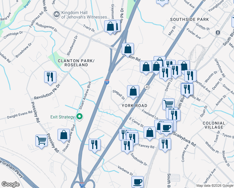 map of restaurants, bars, coffee shops, grocery stores, and more near 533 Stegall Street in Charlotte