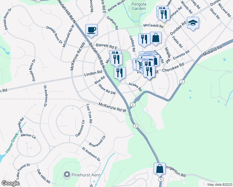 map of restaurants, bars, coffee shops, grocery stores, and more near 131 Shaw Road Southwest in Pinehurst