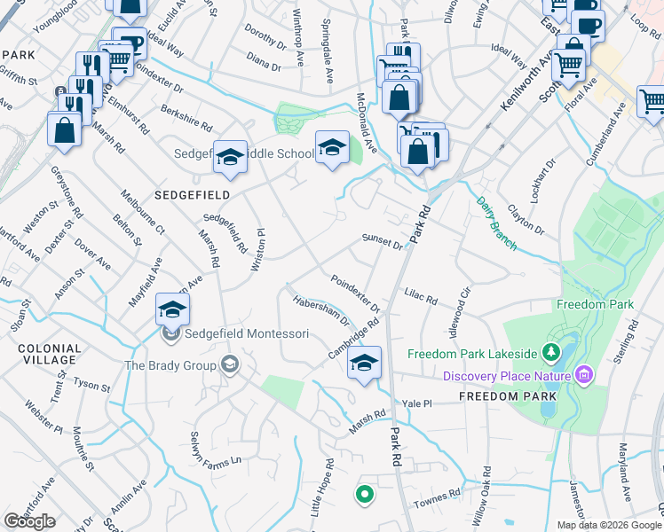 map of restaurants, bars, coffee shops, grocery stores, and more near 2927 Sunset Drive in Charlotte