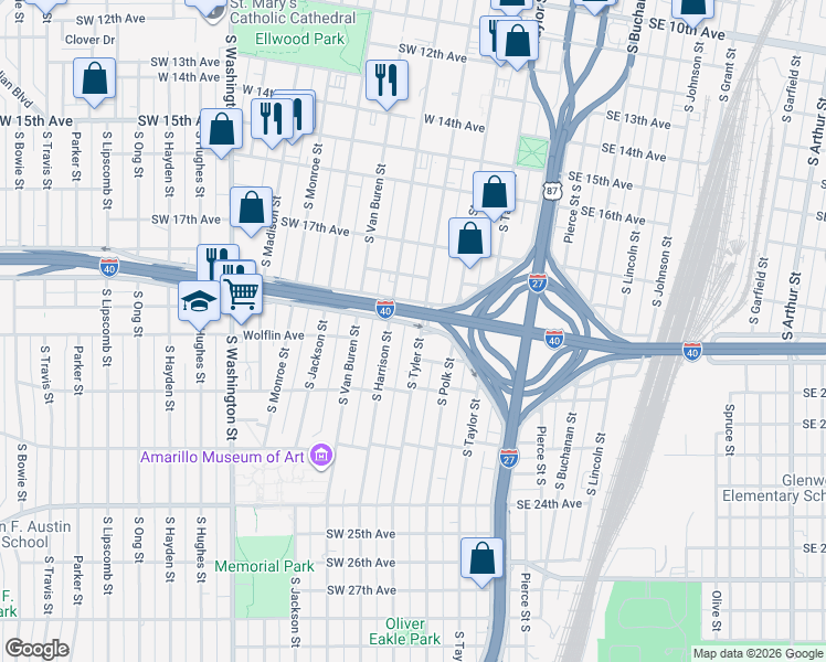 map of restaurants, bars, coffee shops, grocery stores, and more near 1906 South Tyler Street in Amarillo