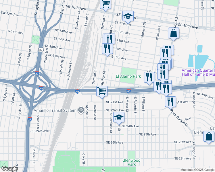 map of restaurants, bars, coffee shops, grocery stores, and more near 1708 S Cleveland St in Amarillo
