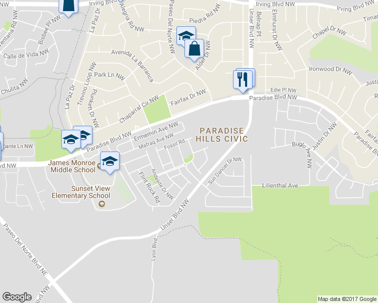 map of restaurants, bars, coffee shops, grocery stores, and more near 9619 Monolith Drive Northwest in Albuquerque