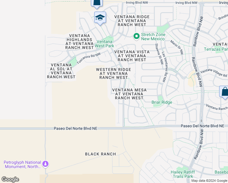 map of restaurants, bars, coffee shops, grocery stores, and more near 7915 Carizzo Road Northwest in Albuquerque